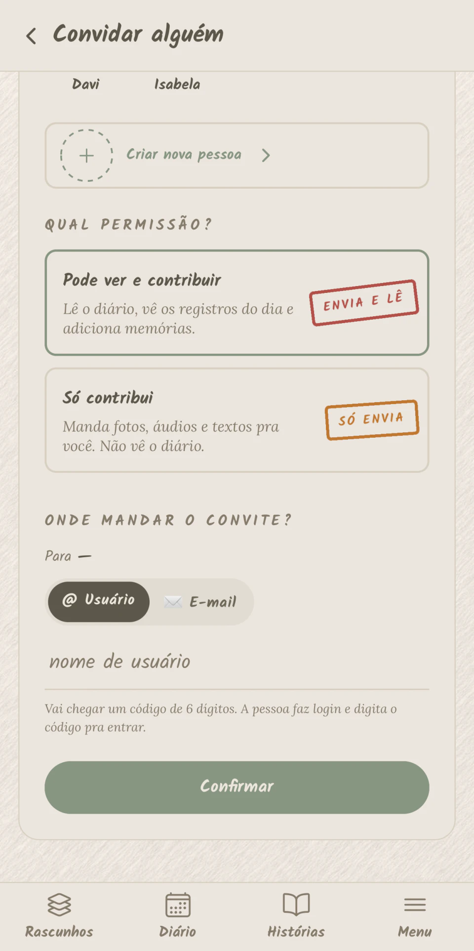 Tela real para convidar alguém e escolher a permissão