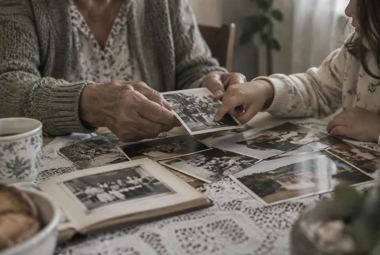Mãos de uma avó e uma criança revendo fotografias antigas