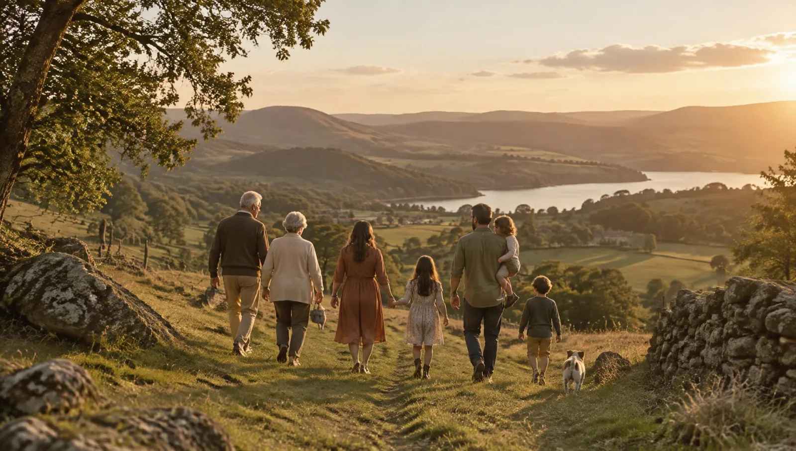Uma família de diferentes gerações caminhando junta ao entardecer